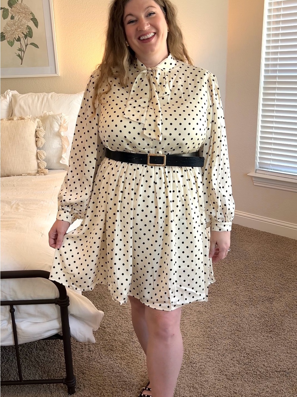 Ritera Cream Polka Dot Tie-Neck Mini Dress 2X